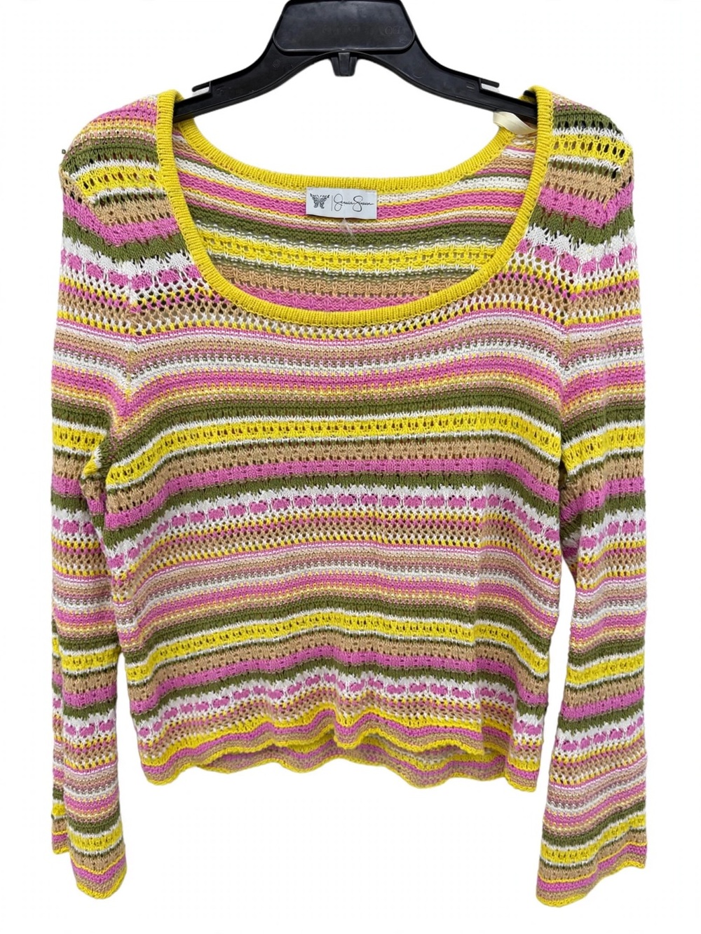 Jessica Simpson Striped Open-Knit Scoop Neck Sweater - Pink/Yellow/Green - Picture 2 of 4